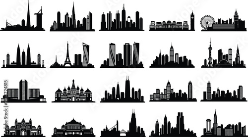Global city skylines, famous world landmarks silhouettes, urban architecture illustration, international skyline collection, iconic buildings graphic set, travel destination concept