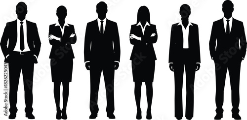 Professional business silhouettes, diverse corporate team, standing in formal attire, leadership concept, teamwork illustration, office workforce figures, modern executive group