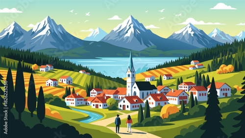 Picturesque Mountain Village Landscape with Lake and Spire