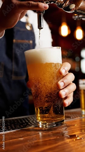 Bartender pouring fresh beer into glass on wooden bar with selective focus