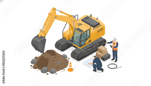 Illustration of construction workers operating an excavator with a pile of dirt and construction materials on a clean white background.