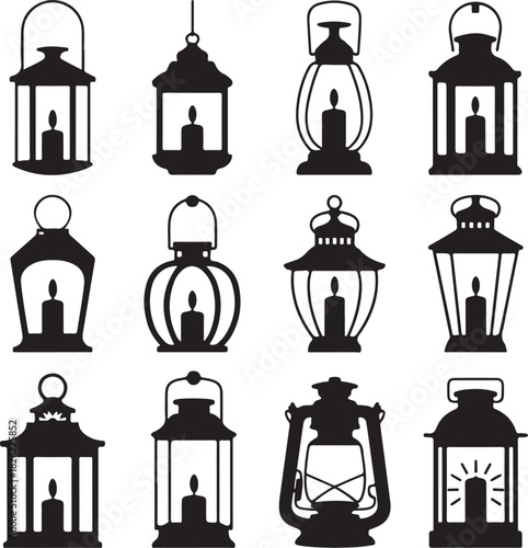 Set of black and white vintage lanterns with candles vector illustration