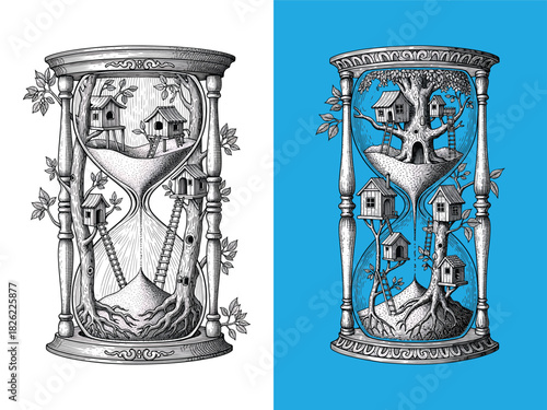 Etched Hourglass Treehouse Vector Set Featuring Surreal Wooden Homes Branches Roots And Detailed Monochrome Engraved Artwork