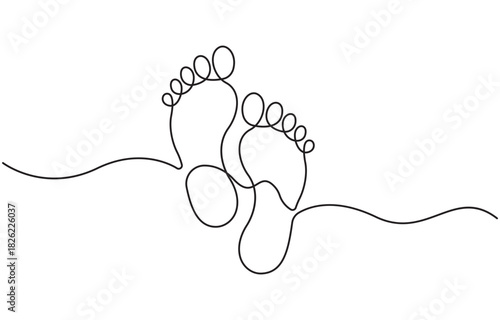 Continuous one line art drawing of human footprint vector, Single line drawing of bare foot and footprint, Hand drawn vector illustration.