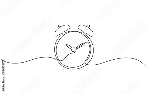 Continuous one line drawing of vintage alarm clock vector design, Clock drawn symbol, Single line art continuous icon, Hand drawn vector illustration.