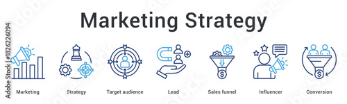 Marketing strategy banner web icon targets audience through lead funnel with influencer engagement for conversion success.