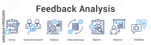 Feedback analysis banner web icon collects survey research data through processing for statistical reports and insights.