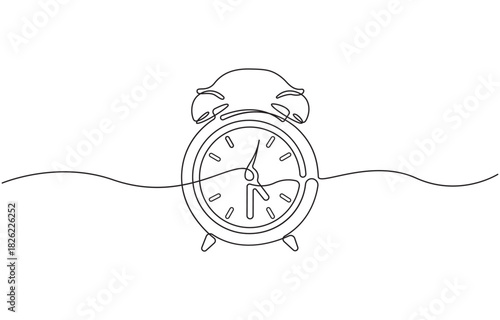 Continuous one line drawing of vintage alarm clock vector design, Clock drawn symbol, Single line art continuous icon, Hand drawn vector illustration.