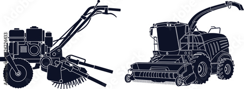 Agricultural Machine Silhouettes of Cultivator and Forage Harvester agriculture farming