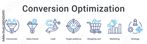 Conversion optimization banner web icon develops sales funnel from lead to target audience shopping cart through marketing strategy.