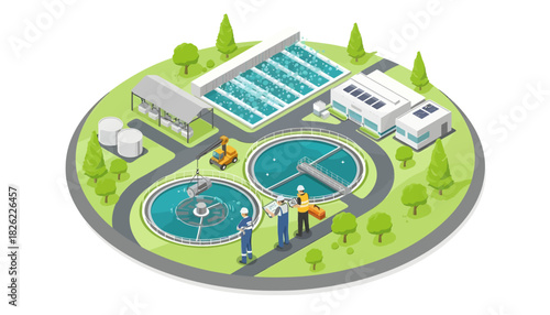 Isometric illustration of a wastewater treatment plant with workers and facilities on a green landscape