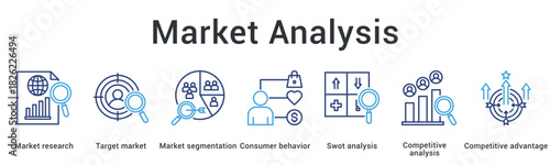 Market analysis banner web icon examines target market segmentation and consumer behavior through competitive advantage assessment.