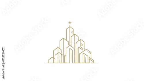 Minimalist line art of a cityscape with a cross on the tallest building, rendered in gold against a white background.