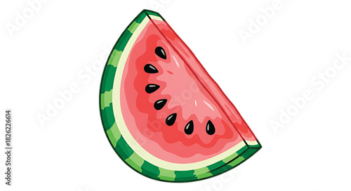Refreshing slice of juicy watermelon with black seeds and green rind
