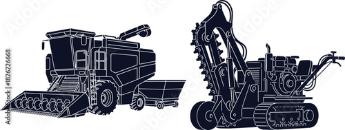 Combine Harvester and Trencher Machine Silhouettes Keywords: combine harvester, agriculture, farming, machinery, equipment