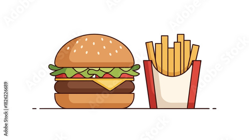 A delicious-looking hamburger with cheese, lettuce, and tomato, served alongside a box of golden french fries.