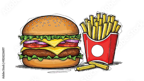 A delicious-looking hamburger with cheese, lettuce, tomato, and onion, served with a side of crispy french fries in a red carton.