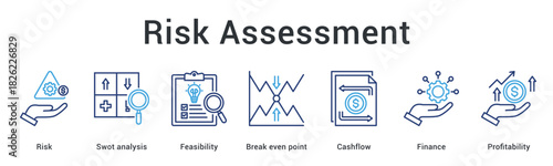 Risk assessment banner web icon evaluates feasibility and break even point ensuring cashflow finance and profitability balance.