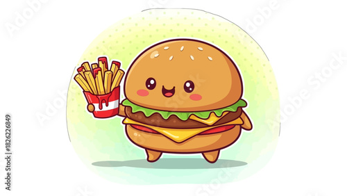 A cute cartoon burger character holding a container of french fries, smiling happily.