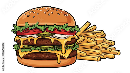 Illustration of a double cheeseburger with lettuce, tomato, pickles, and fries on a white background.