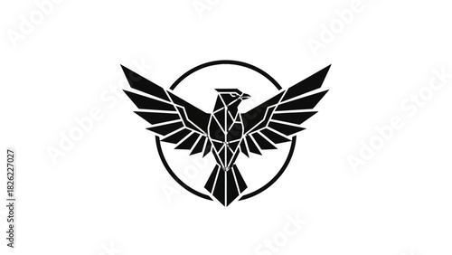 Black and white geometric eagle emblem with outstretched wings inside a circle.