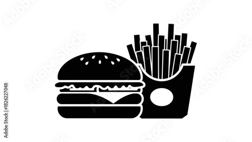Burger and fries icon, a classic fast food meal, simple black and white illustration.