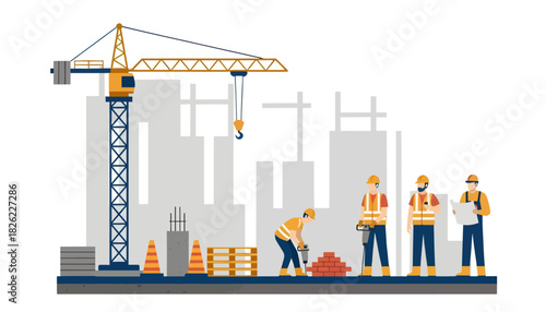 Flat illustration of construction workers on a site with a crane and cityscape background