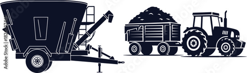 Farm Tractor and Trailer with Grain Hopper Silhouettes Keywords: tractor, farm, agriculture, farming, machinery, equipment, trailer