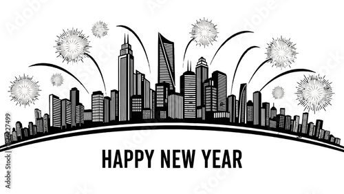 A black and white illustration of a city skyline with fireworks exploding above and "Happy New Year" text below.