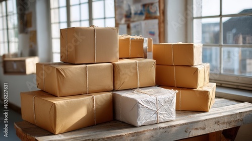 Parcels stacked and ready for quick dispatch in a bright warehouse during the day