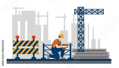 Flat design of a construction worker on a break with a crane and cityscape background.