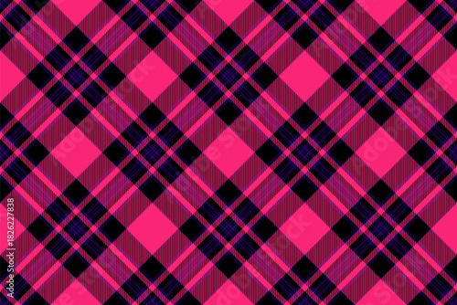 Halftone texture tartan textile, kilt vector seamless background. Quilt check fabric pattern plaid in black and pink colors.