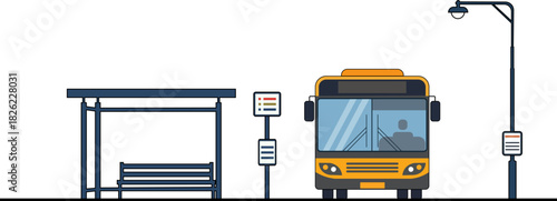 Flat illustration of a bus stop, city bus, street lamp, and signage. Clean urban transport concept for public transportation, city planning, and commuting themes.