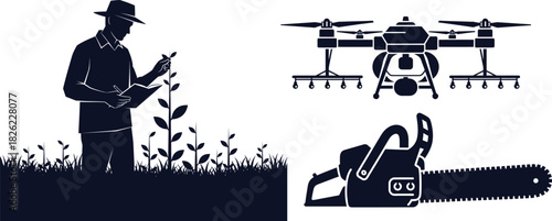 Farmer Inspecting Plant With Drone And Chainsaw Silhouette vector illustration