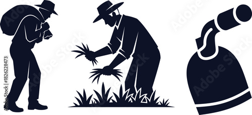 Farmers Harvesting and Carrying Crops with a Hoe Silhouette Keywords: agriculture, farming, farmer, harvesting, carrying, crops