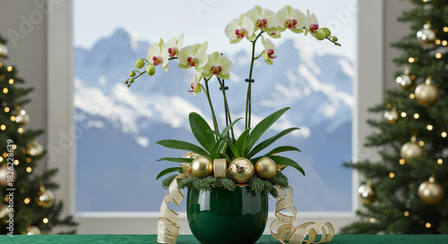 Holiday orchid plant arrangement with festive decorations indoors  