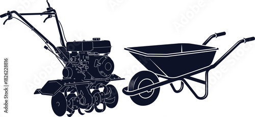 Silhouette of a Tiller and a Wheelbarrow on White Background Keywords: tiller, rototiller, garden tiller, agriculture, farming