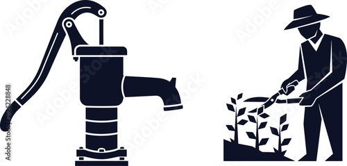 Silhouette of a Water Pump and Farmer Tending Plants on White Background Keywords: water pump, hand pump, well, irrigation, farmer