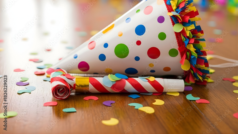 Fototapeta premium A vibrant party hat and a classic noise maker, lying on a table amidst confetti