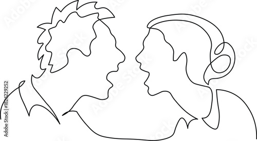 Conceptual one-line drawing depicting intense conflict between a man and a woman, perfect for illustrating relationship problems, business disputes, or heated debates in a modern artistic style