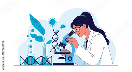 Scientist using microscope for medical research, potential cure, or virus study with modern lab equipment for pharmaceutical innovation