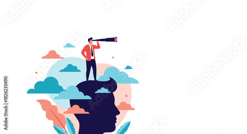 Ambitious businessman with telescope standing on head looks to the future for opportunities and business growth in a competitive market