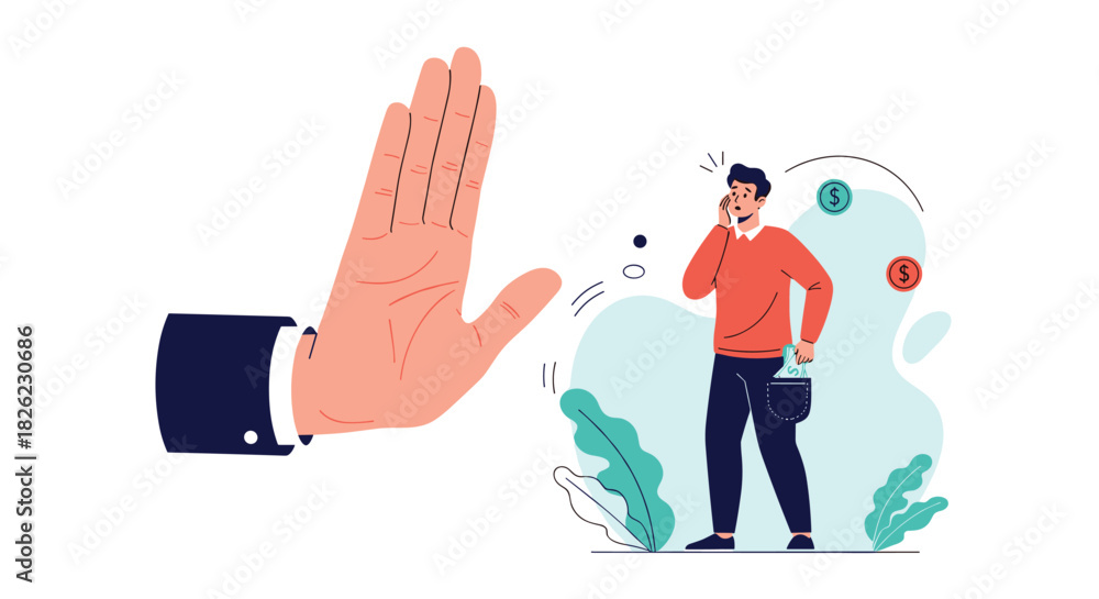 Fototapeta premium Turned down for funding? Shocked man with money gets denied opportunity in business venture, blocked by big hand of rejection