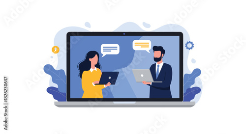 Engaging virtual meeting with modern professionals collaborating online for business growth with laptop computers and speech bubbles in bright design