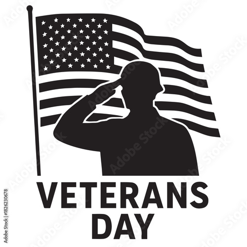 Veterans day, Silhouette of a saluting soldier in front of the American flag with bold “Veterans Day” text, symbolizing honor, patriotism, and remembrance