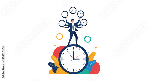 Mastering time management like a pro businessman juggling clocks with ease, standing on top of the world, symbolizing multitasking and efficiency