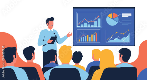 Dynamic business presentation with rising charts and graphs creating excitement for investors and team members alike at company event