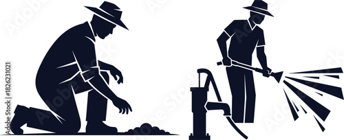 Silhouette of Farmers Working with Water Pump and Watering Can on White Background agriculture