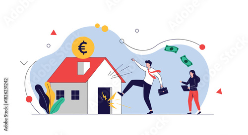 Aggressive real estate investment concept with house and euro sign, showing energetic expansion and property market disruption for commercial use