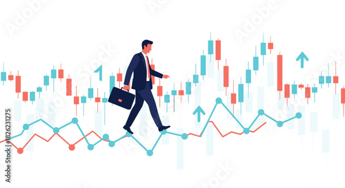 Strategic business leader navigates market trends for financial success, walking confidently on stock chart, optimistic future, investment strategy